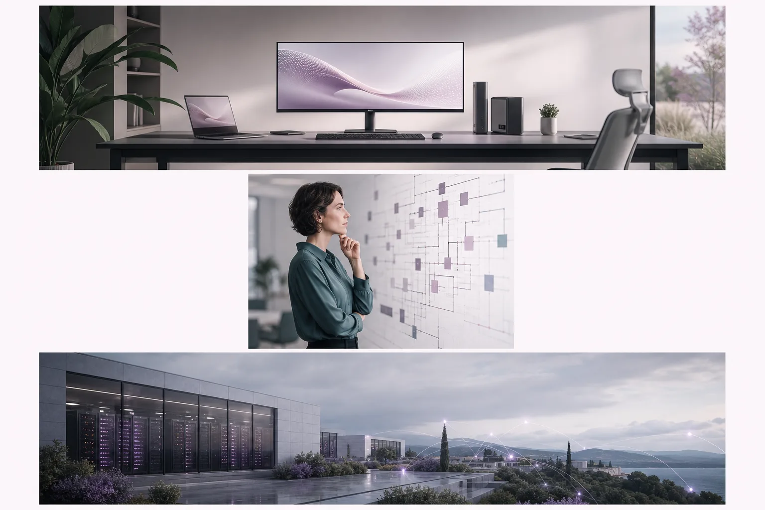Profesional analizando una arquitectura informática en un entorno sereno